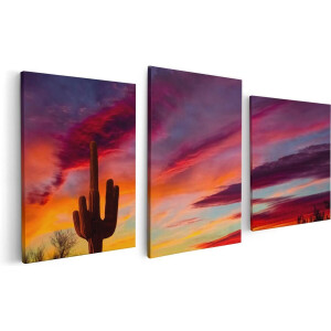 Artaza Canvas Schilderij Drieluik Cactus bij Oranje Zonsondergang - 120x60 - Foto Op Canvas - Canvas Print