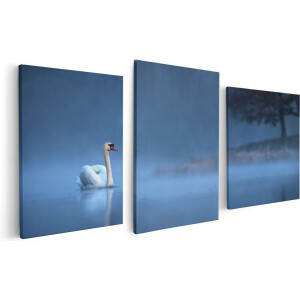 Artaza Canvas Schilderij Drieluik Zwaan op het Water tussen de Mist - 120x60 - Foto Op Canvas - Canvas Print