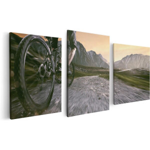 Artaza Canvas Schilderij Drieluik Moutainbike Fietser in de Bergen - 120x60 - Foto Op Canvas - Canvas Print