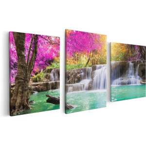 Artaza Canvas Schilderij Drieluik Waterval Met Groen Water En Roze Bladeren - 120x60 - Foto Op Canvas - Canvas Print