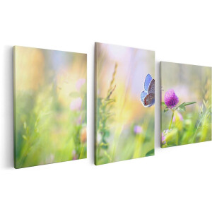 Artaza Canvas Schilderij Drieluik Blauwe Vlinder Bij Een Paarse Bloem - 120x60 cm - Wanddecoratie Woonkamer - Schilderijen - Muurdecoratie