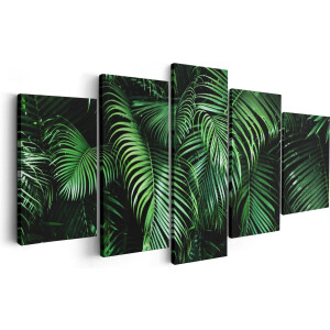 Artaza Canvas Schilderij Vijfluik Tropische Palm Bladeren - Groen - 200x100 cm - Groot - Wanddecoratie Woonkamer - Schilderijen - Muurdecoratie