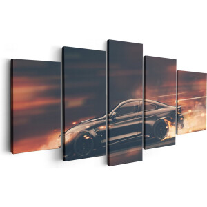 Artaza Canvas Schilderij Vijfluik Zwarte Sportwagen Auto Met Vlammen - 200x100 - Groot - Foto Op Canvas - Canvas Print