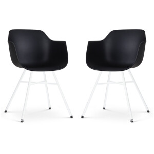 Nolon Noa-Puk Eetkamerstoelen Set van 2 Zwart - met Armleuning - Kunststof - Wit Metalen Poten - Kuipstoel met Armleuning