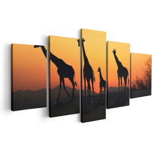 Artaza Canvas Schilderij Vijfluik Vier Giraffe Silhouetten Bij Zonsondergang - 100x50 - Foto Op Canvas - Canvas Print
