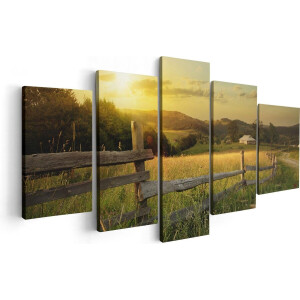 Artaza Canvas Schilderij Vijfluik Boerderij Hekken op het Grasveld - 100x50 cm - Wanddecoratie Woonkamer - Schilderijen - Muurdecoratie