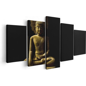 Artaza Canvas Schilderij Vijfluik Gouden Boeddha Beeld In Meditatie  - 100x50 - Foto Op Canvas - Canvas Print