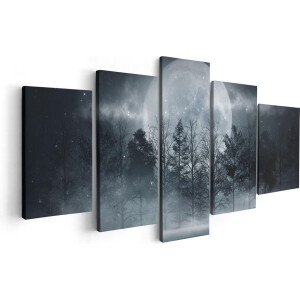 Artaza Canvas Schilderij Vijfluik Maan tussen de Bomen in de Nacht - 100x50 cm - Wanddecoratie Woonkamer - Schilderijen - Muurdecoratie