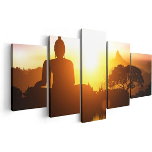 Artaza Canvas Schilderij Vijfluik Silhouet Van Boeddha Beeld Met Zonsondergang - 100x50 - Foto Op Canvas - Canvas Print