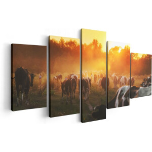 Artaza Canvas Schilderij Vijfluik Kudde Koeien In Weiland Bij Zonsondergang - 100x50 - Foto Op Canvas - Canvas Print