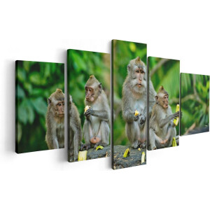 Artaza Canvas Schilderij Vijfluik Groep Apen Eten Bananen In Het Bos - 100x50 - Foto Op Canvas - Canvas Print