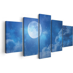 Artaza Canvas Schilderij Vijfluik Volle Maan in de Blauwe Hemel met Sterren - 100x50 - Foto Op Canvas - Canvas Print