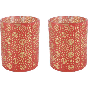 Countryfield Luxe theelichthouder - 2x stuks - Fantasy - glas - rood/goud - D10 x H12 cm