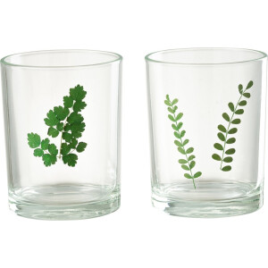 J-Line windlicht Bladeren - glas - groen/transparant - 2 stuks