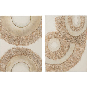 J-Line wanddecoratie Ibiza - canvas/verf - creme/wit - 2 stuks