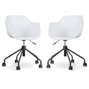 Nolon Nout-Puk Bureaustoelen Set van 2 Wit - met Armleuning - Kunststof Zitting - Verstelbaar - Wieltjes - Zwart Onderstel