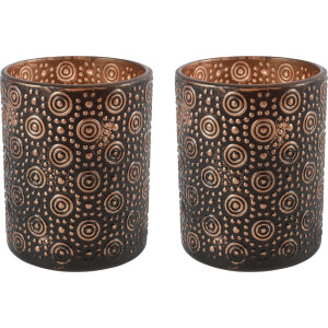 Countryfield Luxe theelichthouder - 2x stuks - Fantasy - glas - zwart/brons - D8 x H10 cm