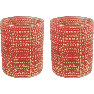 Countryfield Luxe theelichthouder - 2x stuks - Aurora - glas - rood/goud - D8 x H10 cm
