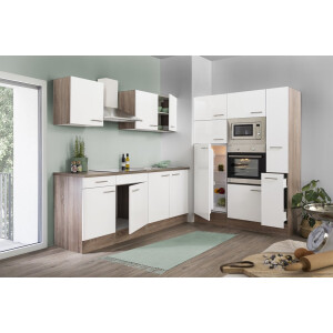 Goedkope keuken 360 cm - complete keuken met apparatuur Oliver - Donker eiken/Wit - keramische kookplaat - afzuigkap - oven - magnetron - spoelbak