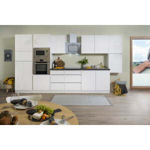 Goedkope keuken 385  cm - complete keuken met apparatuur Lorena  - Wit/Wit - soft close - keramische kookplaat    - afzuigkap - oven - magnetron  - spoelbak