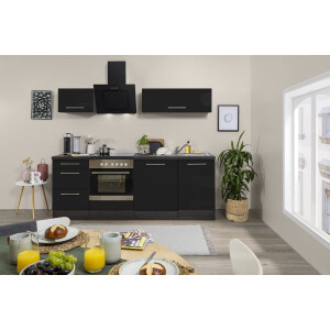 Goedkope keuken 220  cm - complete keuken met apparatuur Amanda  - Eiken/Zwart - soft close - keramische kookplaat - vaatwasser - afzuigkap - oven    - spoelbak