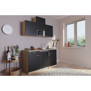 Goedkope keuken 150  cm - complete kleine keuken met apparatuur Luis - Eiken/Zwart - elektrische kookplaat  - koelkast        - magnetron - mini keuken - compacte keuken - keukenblok met apparatuur