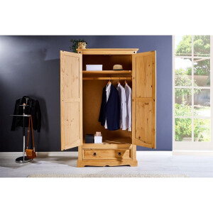 Kledingkast 100 x 190 x 56 cm – Massief Grenen – 2-Deurs Garderobekast met Lade en Kledingstang – Mexico Stijl – Gebeitst & Gewaxt – Abkantoor