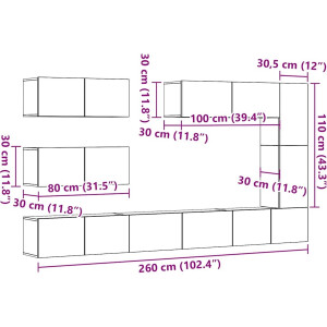vidaXL - 7-delig - Tv-meubelset - wandmontage - bewerkt - hout - artisanaal - eiken