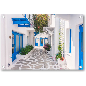 Grieks Straatje - Griekenland - Tuinposter 90x60 - Wanddecoratie - Bloemen