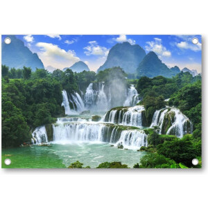 Grote waterval met bergen op de achtergrond - Tuinposter 120x80 - Wanddecoratie - Natuur