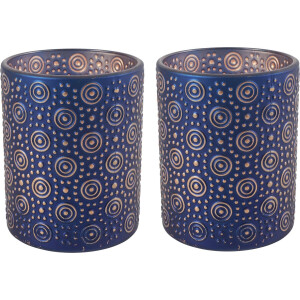 Countryfield Luxe theelichthouder - 2x stuks - Fantasy - glas - nachtblauw/goud - D8 x H10 cm