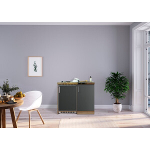 Goedkope keuken 100  cm - mini keuken met apparatuur Levin - Eiken/Grijs - elektrische kookplaat  - koelkast          - kleine keuken - compacte keuken - keukenblok met apparatuur