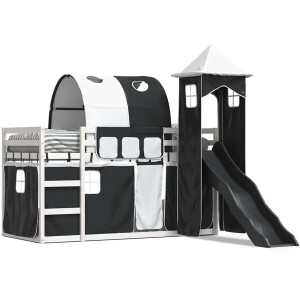 vidaXL - Stapelbed - met - glijbaan - en - gordijnen - wit - en - zwart - 90x200 - cm
