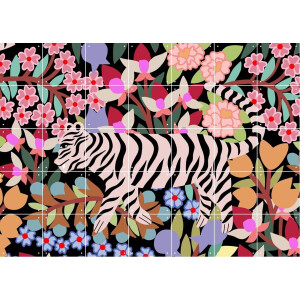 IXXI Tiger in Flowers, Sasha Ignatiadou - 140 x 100 cm - Gratis ophangtool - Grote wanddecoratie en posters - Digitale Kunst, Kleurrijk, Speels
