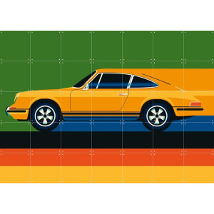 IXXI Orange Vintage Sports Car Side, Bo Lundberg - 140 x 100 cm - Gratis ophangtool - Grote wanddecoratie en posters - Kleurrijk, Illustraties
