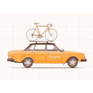 IXXI Yellow Vintage Car with Race Bike, Florent Bodart - 140 x 100 cm - Gratis ophangtool - Grote wanddecoratie en posters Kinderkamer, Kinderen