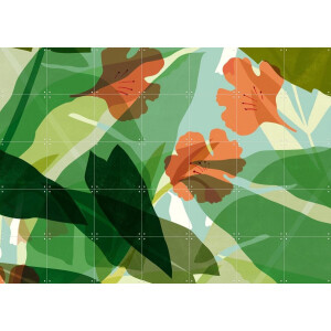 IXXI Leaves Green Orange, Lotte Dirks - 140 x 100 cm - Gratis ophangtool - Grote wanddecoratie en posters - Illustraties, Kleurrijk, Planten
