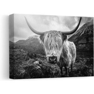 Artaza - Canvas Schilderij - Schotse Hooglander Koe in de Bergen - Zwart Wit - 30x20 - Klein - Foto Op Canvas - Canvas Print