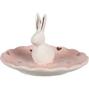 Clayre & Eef Schaaltje Konijn Ø 14x9 cm Roze Keramiek Hartjes
