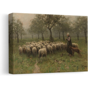 Artaza Canvas Schilderij Herderin Met Schapen - 30x20 cm - Klein - Wanddecoratie Natuur - Muurdecoratie Landschap - Schilderijen Op Canvas