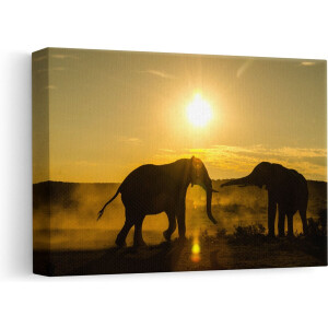 Artaza Canvas Schilderij Twee Olifanten spelen tijdens Zonsondergang - 30x20 - Klein - Foto Op Canvas - Canvas Print