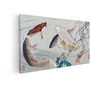 Artaza Canvas Schilderij Verschillende Kleurrijke Karpers Zwemmen Sierlijk onder Bloeiende Blauwe Regen - 120x60 cm - Groot - Wanddecoratie Woonkamer - Schilderijen - Muurdecoratie