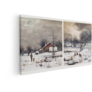 Artaza Canvas Schilderij Winterlandschap - 80x40 cm - Wanddecoratie Boerderij - Muurdecoratie Natuur - Decoratie Jager met Hond