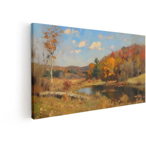 Artaza Canvas Schilderij Schilderij van een Herfstlandschap met een Vijver en Kleurrijke Bomen - 100x50 cm - Wanddecoratie Woonkamer - Schilderijen - Muurdecoratie
