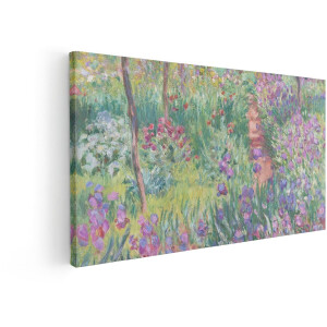 Artaza Canvas Schilderij Impressionistische Tuin met Irissen en Rode Bloemen langs een Pad - 80x40 cm - Wanddecoratie Woonkamer - Schilderijen - Muurdecoratie