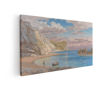 Artaza Canvas Schilderij Idyllisch Strandlandschap met Kliffen - Boot en Figuren bij Zonsondergang - 80x40 cm - Wanddecoratie Woonkamer - Schilderijen - Muurdecoratie