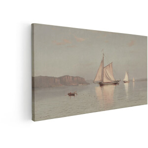 Artaza Canvas Schilderij Schilderij van Zeilboten op een Kalme Rivier met een Roeiboot op de Voorgrond - 60x30 cm - Wanddecoratie Woonkamer - Schilderijen - Muurdecoratie