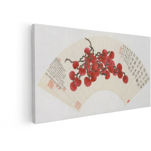 Artaza Canvas Schilderij Chinese Waaier - 100x50 cm - Wanddecoratie Oosters - Muurdecoratie Aziatisch Schilderij - Decoratie Kalligrafie Rood