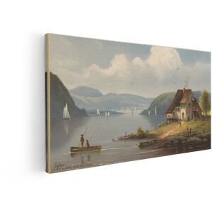 Artaza Canvas Schilderij Schilderachtig Uitzicht op de Hudson Rivier met Zeilboten en een Huisje aan de Oever - 60x30 cm - Wanddecoratie Woonkamer - Schilderijen - Muurdecoratie