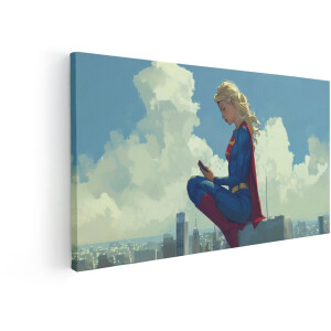 Artaza Canvas Schilderij Supergirl Zit op een Dak in de Stad en Kijkt Naar haar Telefoon - 120x60 cm - Groot - Wanddecoratie Woonkamer - Schilderijen - Muurdecoratie